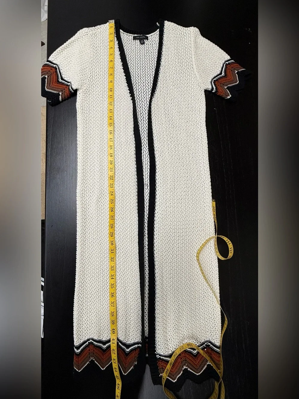 Long Open Knit Cardigan with Zig Zag Contrast Trim